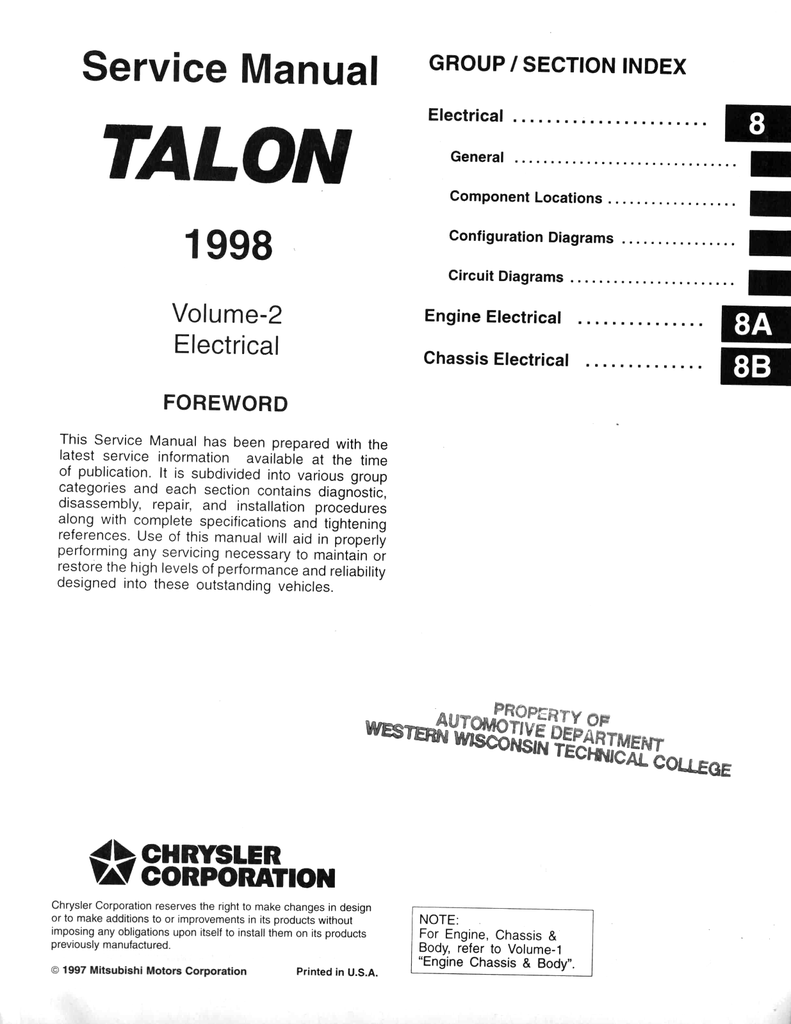 1998 Eagle Talon Factory Shop Repair Service & Electrical Manual Set