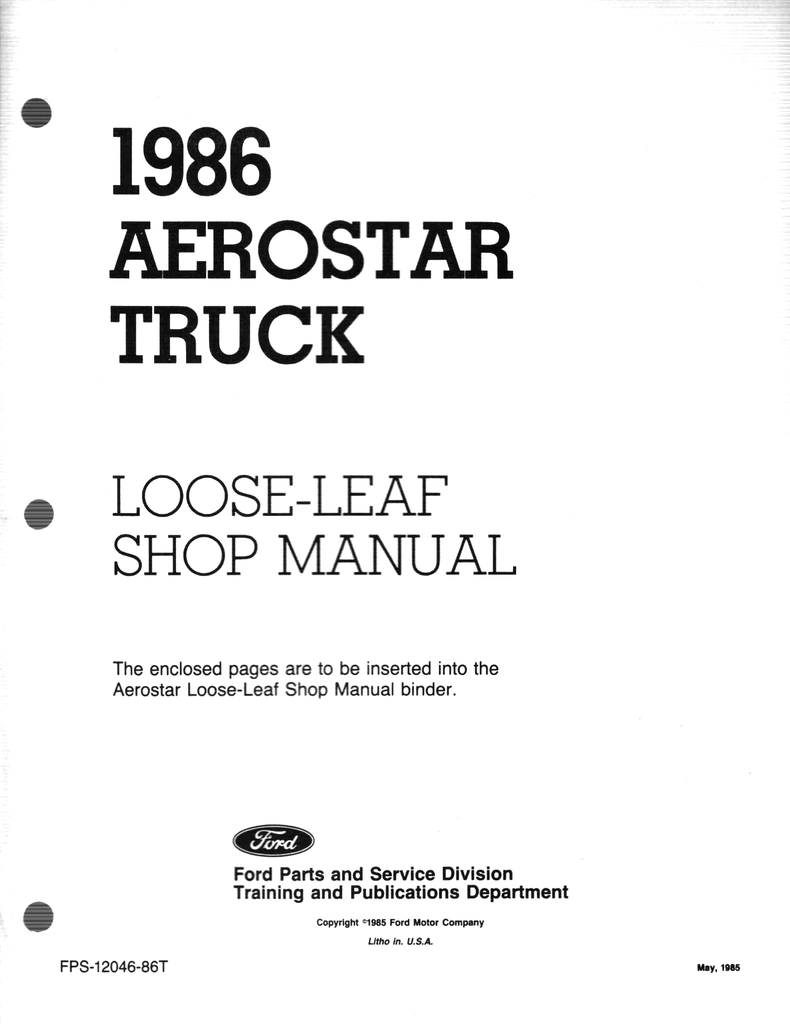 1986 Ford Aerostar Factory Shop Service Manual