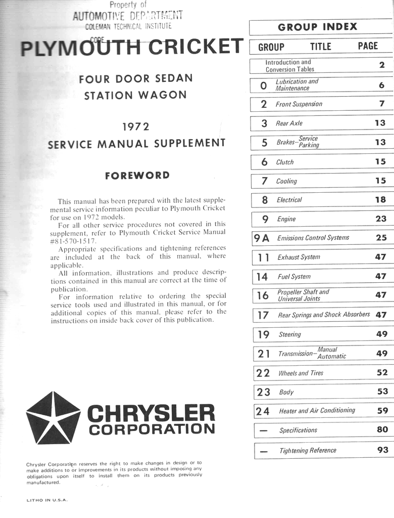 1972 Plymouth Cricket Factory Shop Repair Service Manual Supplement