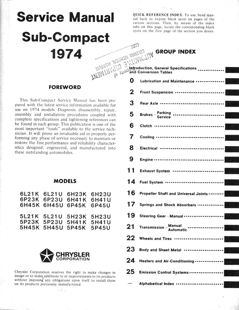 1974 Dodge Colt, Plymouth Cricket Factory Shop Repair Service Manual