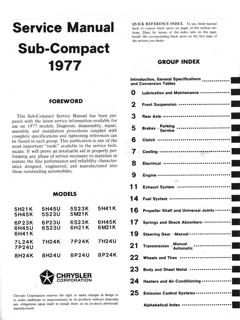 1977 Dodge Colt, Plymouth Arrow Factory Shop Repair Service Manual