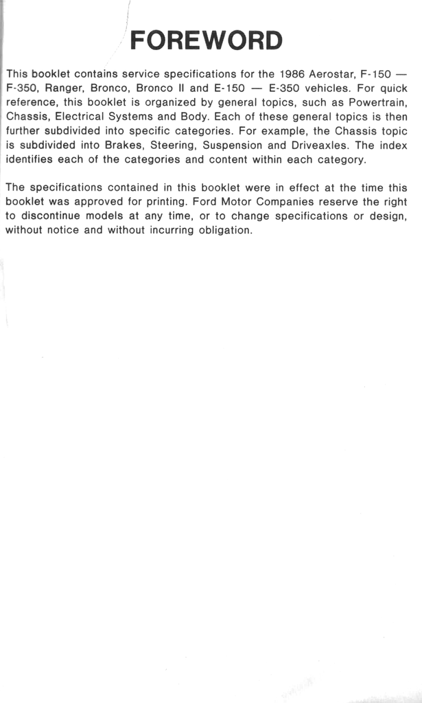 1986 Ford Light Truck Factory Specifications Book--F-150 to F-350 Pickup, Ranger, Bronco, Bronco II, Econoline Van, Aerostar