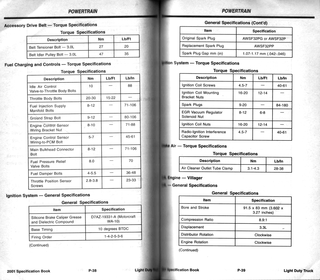 2001 Ford Light Duty Truck Factory Specification Book--F-150 to FSD-550 Pickup, Ranger, Econoline, Excursion, Expedition/Navigator, Explorer/Explorer Sport/Explorer Sport Trac/Mountaineer, Villager, Windstar, Motorhome