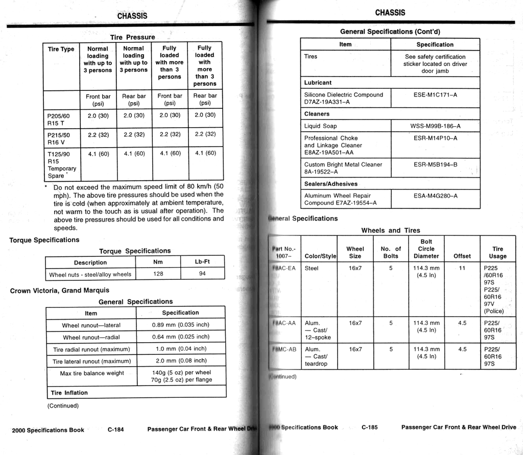 2000 Ford Car Factory Specifications Book--Town Car, Crown Victoria/Grand Marquis, Continental, Cougar, Focus, Taurus/Sable, Mustang, Escort, Contour/Mystique, LS
