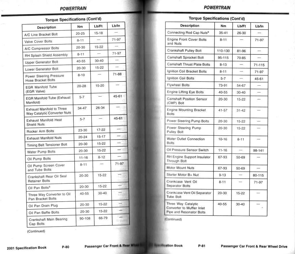 2001 Ford Car Factory Specifications Book--Town Car, Crown Victoria/Grand Marquis, Continental, Cougar, Focus, Taurus/Sable, Mustang, Escort, LS