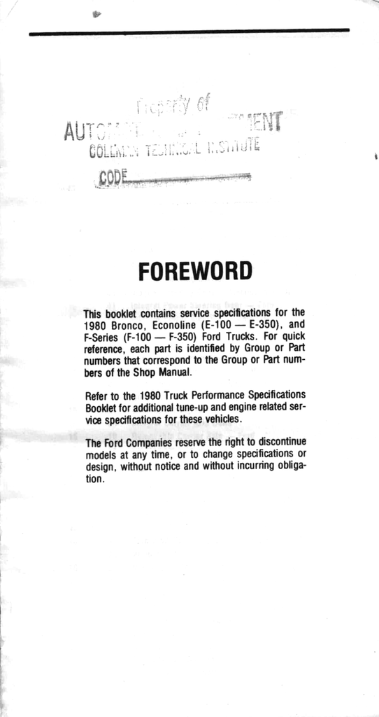 1980 Ford Light Truck Factory Service Specifications Book--F-100 to F-350 Pickup, Bronco, Econoline Van