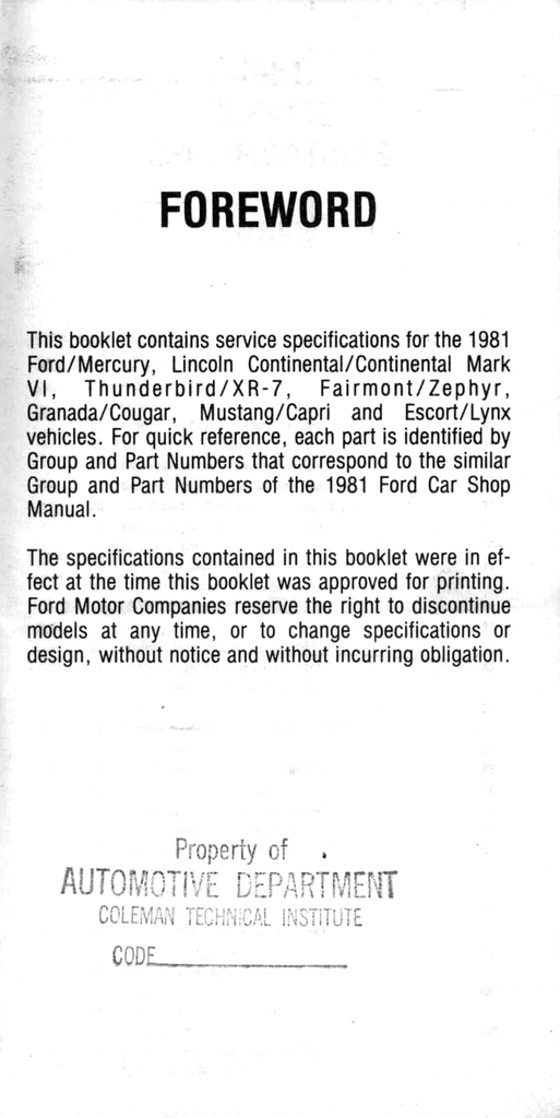 1981 Ford Car Service Specifications Book--Mustang/Capri, Continental, Granada/Cougar, Mark VI, Fairmont/Zephyr, Escort/Lynx, Thunderbird/XR-7
