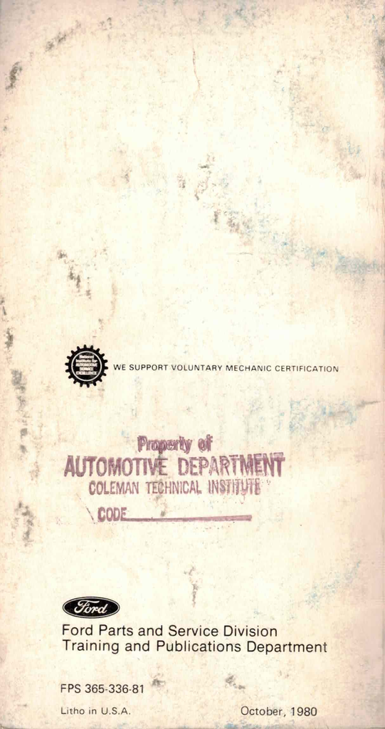 1981 Ford Car Service Specifications Book--Mustang/Capri, Continental, Granada/Cougar, Mark VI, Fairmont/Zephyr, Escort/Lynx, Thunderbird/XR-7