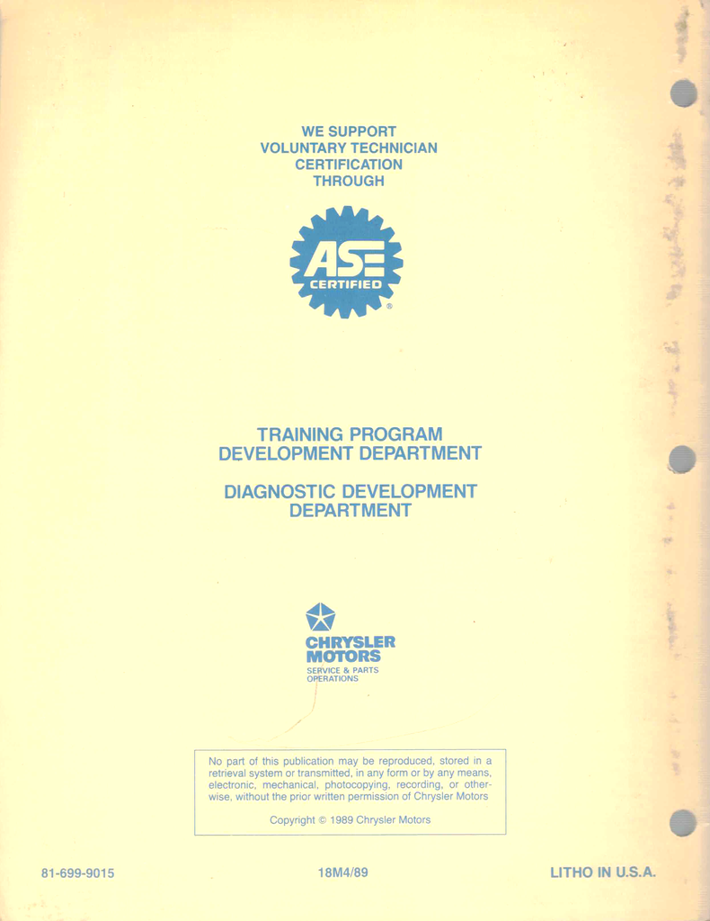 1989 Chrysler/Dodge/Plymouth 2.2L/2.5L E.F.I. Powertrain Diagnostic Procedures Factory Service Manual