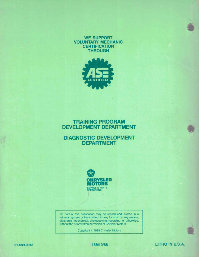 1989 Chrysler/Dodge/Plymouth 3.0L E.F.I. C & A Body Powertrain Diagnostic Procedures Factory Service Manual