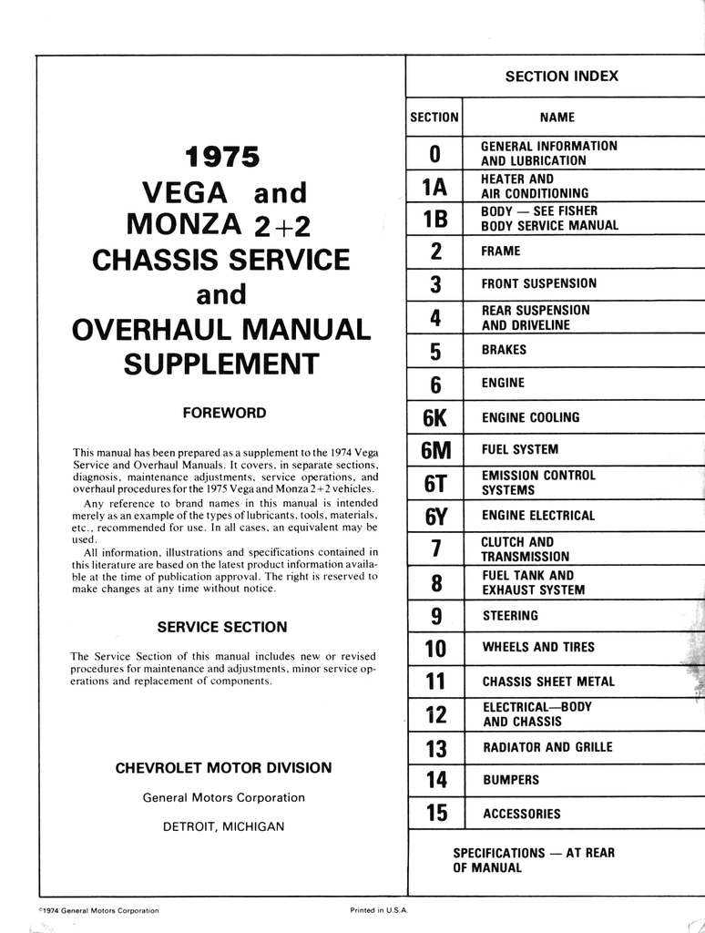 1975 Chevrolet Vega & Monza 2+2 Factory Shop Service & Overhaul Manual Supplement