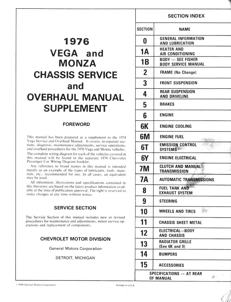1976 Chevrolet Vega & Monza Factory Shop Service & Overhaul Manual Supplement