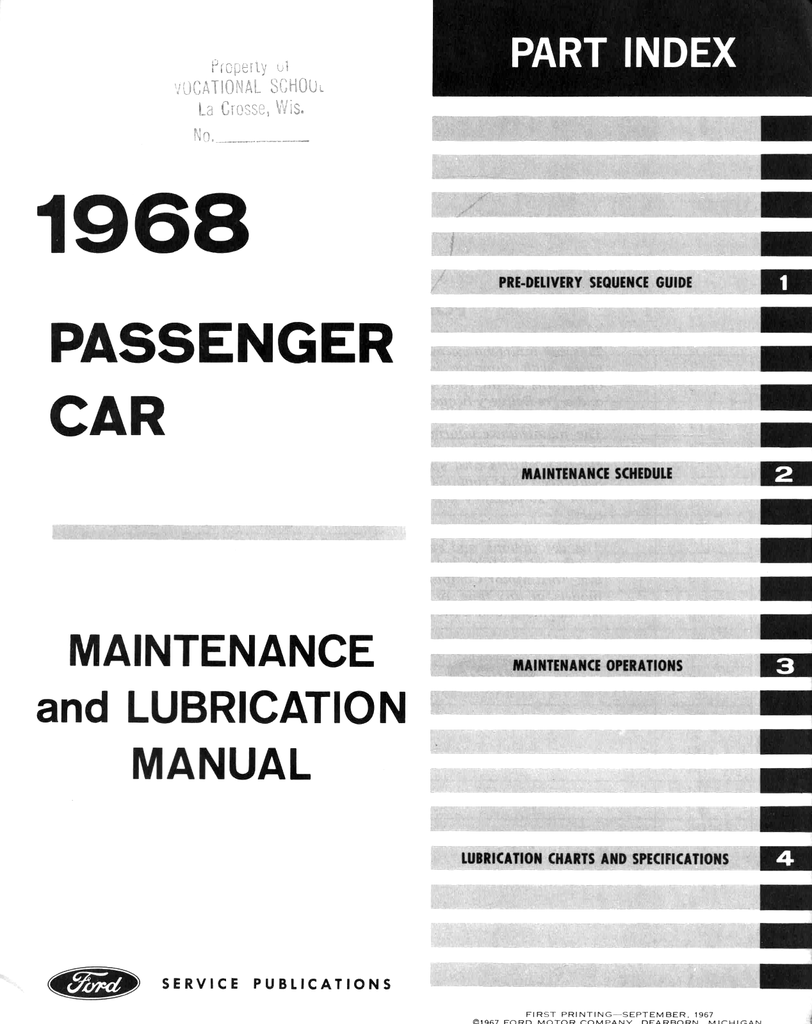 1968 Ford Passenger Car Maintenance & Lubrication Manual--Continental, Cougar, Fairlane, Falcon, Ford, Mercury, Montego, Mustang, Thunderbird
