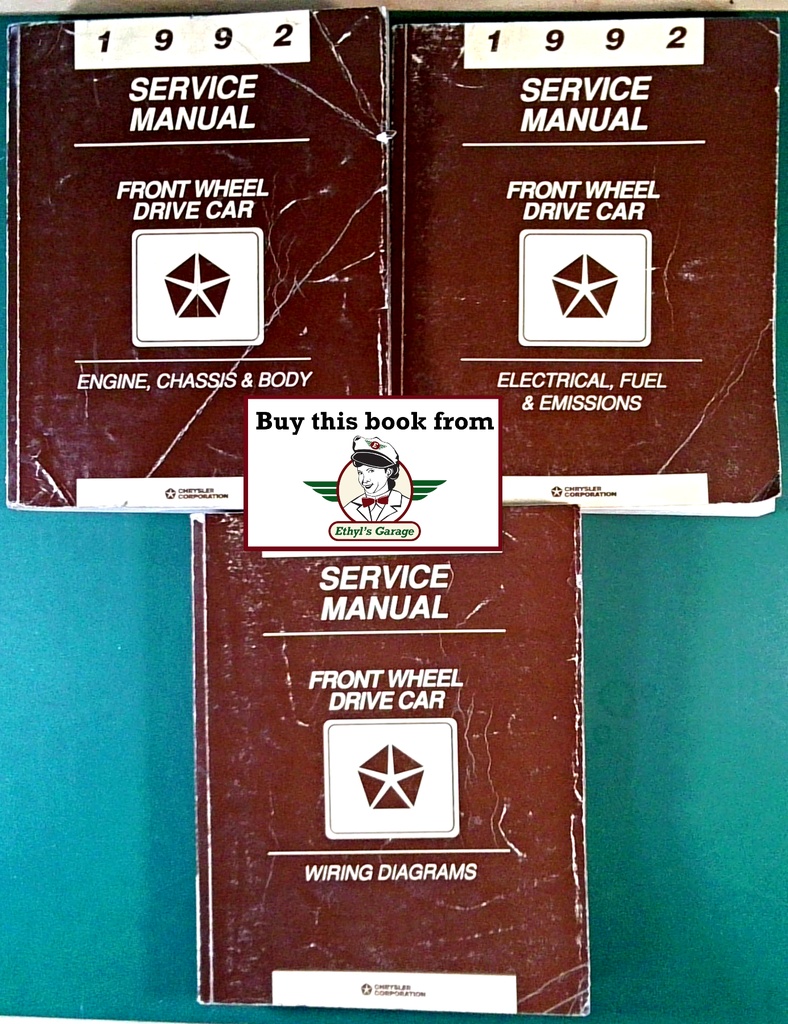 1992 Dodge/Plymouth/Chrysler Car Shop Service Manual+Wiring Diag LeBaron New Yorker 5th Ave Imperial Dynasty Spirit Acclaim Daytona Shadow Sundance